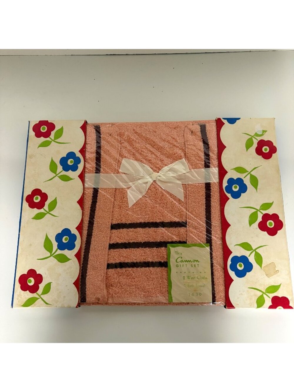 Cannon Gift Set Vintage 1 Bath Towel & 2 Wash Cloths Pink Peach Maroon Stripe